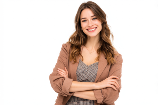 Smiling young woman with brown hair wearing a blazer, arms crossed, looking confidently at the camera against a white background. - Powered by Adobe