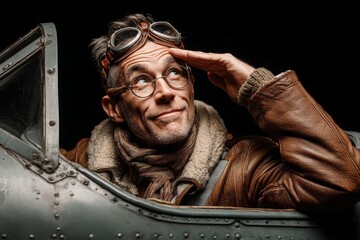 Nostalgic portrait of a smiling vintage pilot in a classic airplane cockpit, wearing goggles and a leather jacket, saluting and looking up with a sense of adventure
