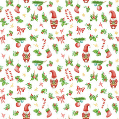 Seamless Christmas pattern with watercolor Santa gnomes, holly leaves, berries, gifts, stockings, stars, bows, candy canes on transparent. Ideal for fabric, wrapping paper, cards, decoration, card