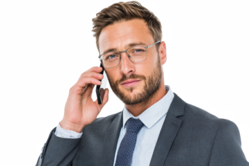 A handsome businessman with glasses and a beard, wearing a suit and tie, talks on his smartphone against a white background.