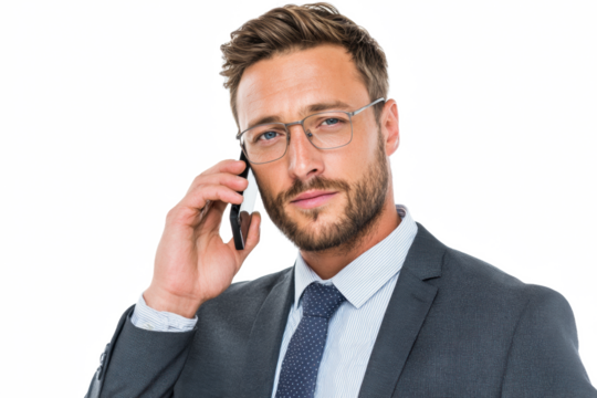 A handsome businessman with glasses and a beard, wearing a suit and tie, talks on his smartphone against a white background.