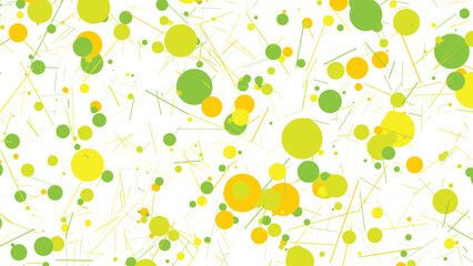 Abstract background of scattered yellow and green watercolor paint splatters and dots on a white canvas creating a vibrant and organic texture
