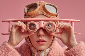 Young woman with pilot glasses and vintage hat holding a toy airplane close to her eyes, looking with curiosity, on a matching pink background for a unique and playful concept.