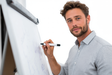 A handsome, confident businessman with a beard smiling at the camera while writing on a whiteboard with a marker.