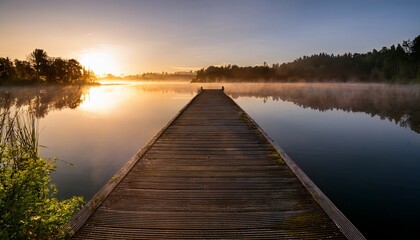 Wooden Pier Extending Into A Calm Lake At Sunrise With Morning Mist Water
