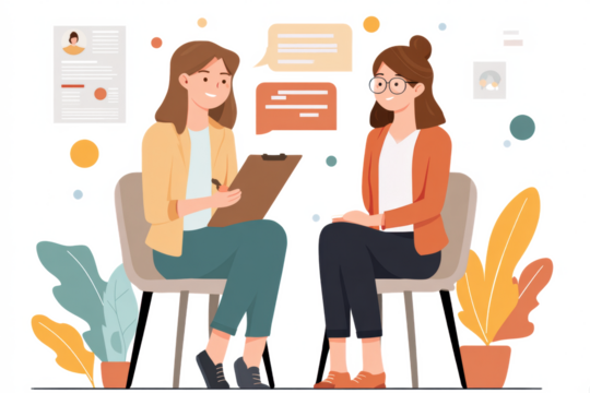 A flat vector illustration of a job interview with a female recruiter holding a clipboard and a female candidate sitting opposite her.