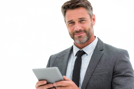 Man in suit holding tablet with a slight smile on his face.