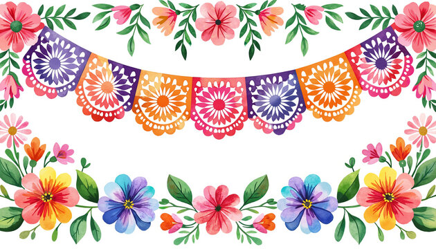 Colorful papel picado banner with floral decoration on white background  