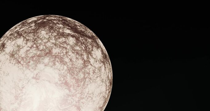 Anima&ccedil;&atilde;o 3D de um planeta/exoplaneta com textura rochosa em tons marrom/bege, iluminado lateralmente e com rota&ccedil;&atilde;o suave contra fundo espacial escuro.