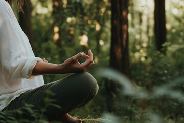 Anonymous female sits cross-legged, meditating in a peaceful nature retreat. Serene moment of mindfulness and inner balance surrounded by natural beauty.