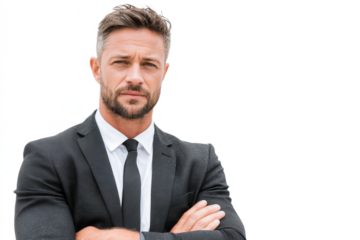 Confident businessman in suit with arms crossed on white background.