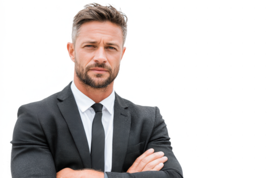 Confident businessman in suit with arms crossed on white background.