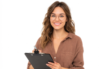A smiling woman with glasses holding a clipboard and pen, ready to take notes.