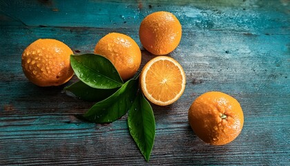 Vibrant Freshly Picked Orange Citrus Fruit With Green Leaves Resting On A Weathered Textured Wooden Surface