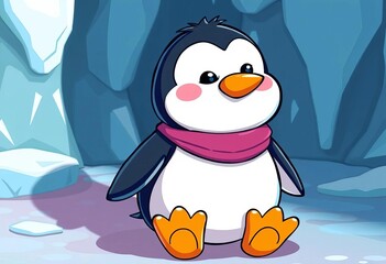 Whimsical cartoon penguin, glacier shadow, vibrant colors,  mountains, penguin