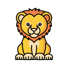 Cute cartoon lion cub with orange mane sitting calmly isolated on white background