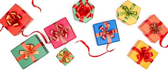 Overhead shot of assorted gift boxes and festive ribbon, isolated on white background,  winter,  elegant
