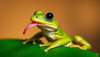Tiny green frog playfully extending its long tongue, plant, wet