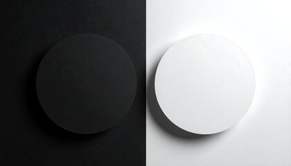 Black and white circular objects placed side by side against matching monochrome backgrounds, symbolizing balance, duality, and the contrast between light and dark.
