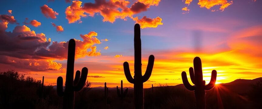 Silhouetted cacti against vibrant sunset, desert clouds,  landscape,  red
