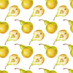 Seamless watercolor pattern with yellow pears on a white background. Whole Pears and Halves are a botanical seamless background with juicy whole fruits and halves. For packaging, wallpaper, kitchen
