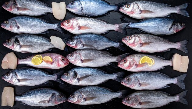 A top-down view displays a collection of freshly caught fish, arranged methodically on a dark surface, with a few sliced scallops and lemon