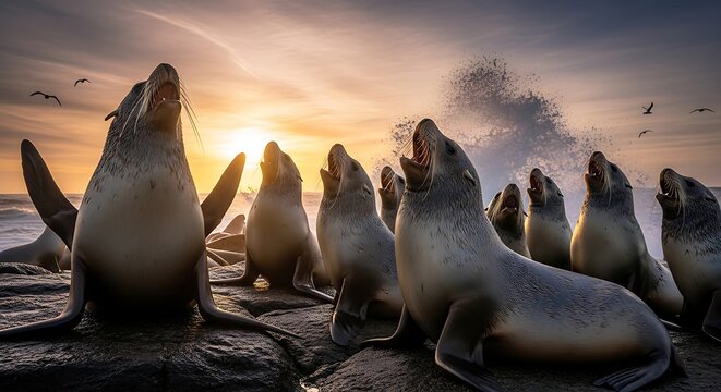 Seals at Sunrise on Rocky Shore.