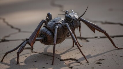 Steampunk Insect Robot on Cracked Surface, Outdoors, Daylight