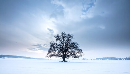 A lone, mature deciduous tree, stark against a snow-covered field under a dramatic, cloudy sky; serene winter scene