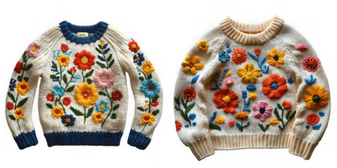 Two knitted sweaters with colorful floral embroidery isolated on transparent background