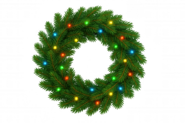 Christmas wreath decorating door or wall, festive holiday evergreen pine branch garland with colorful lights