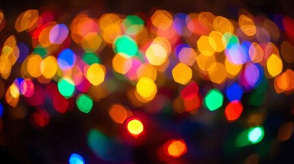 Obraz premium Colorful glowing bokeh lights in red, green, blue, yellow and pink colors on dark background, festive abstract holiday illumination creating cheerful celebration and magical night atmosphere