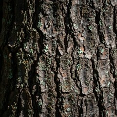 Close-up of tree bark with textured surface and patches of lichen.