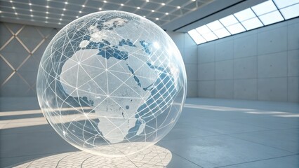 Transparent futuristic globe inside modern architectural interior