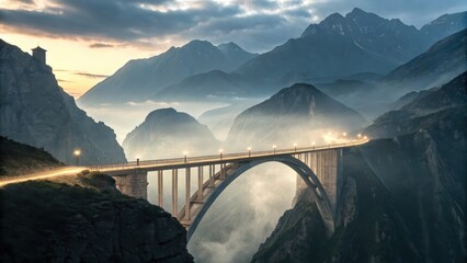 The concrete bridge illuminated by lights over a mountain landscape