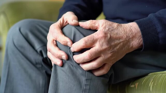 Senior Man Experiencing Severe Knee Pain, Clutching and Massaging the Aching Joint.