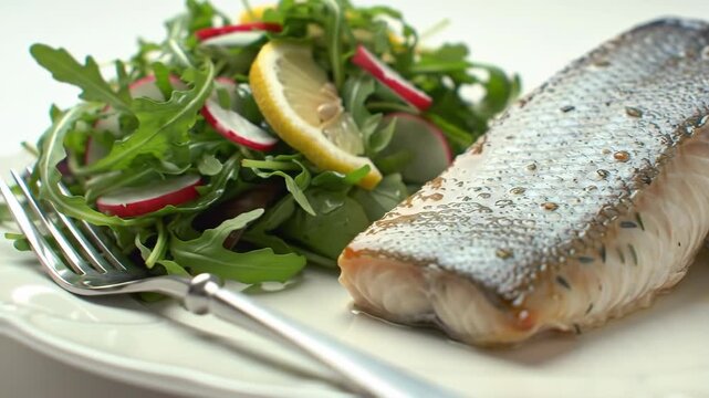 Slow Pan Close-Up of a Gourmet Pan-Seared Salmon Fillet with Crispy Skin and Fresh Arugula Salad.