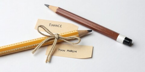 Pencils and tied paper labels with text on a white background