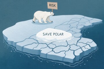 Polar Bear on Melting Ice with Risk Sign Depicting Climate Change