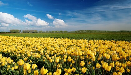 Dutch Field With Yellow Tulips And A Blue Sky