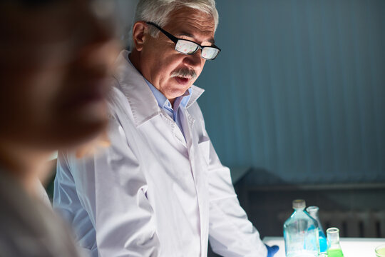 Waist-up portrait of experienced grey-haired medical scientist in white coat and rubber gloves standing at the laboratory table while carrying out experiment