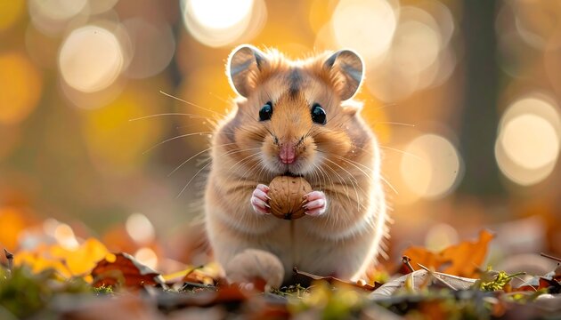 Cute hamster holding a nut in autumn leaves