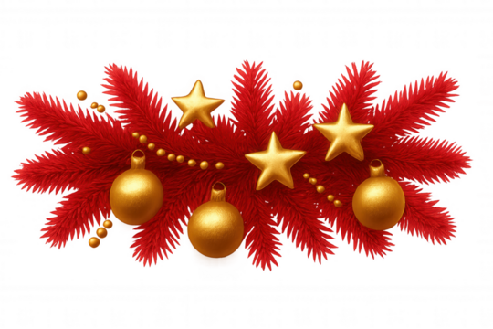 Red fir branches with golden christmas balls, stars, and beads creating a festive holiday boundary element