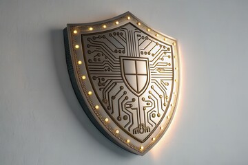 Shiny metallic shield icon glowing softly against wall