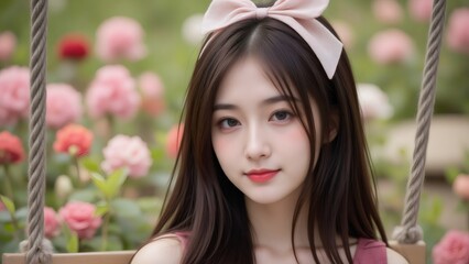 Young Asian woman with bow in floral garden setting daydreaming