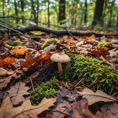 A small wild mushroom grows on the forest floor among vibrant green moss and fallen autumn oak leaves.