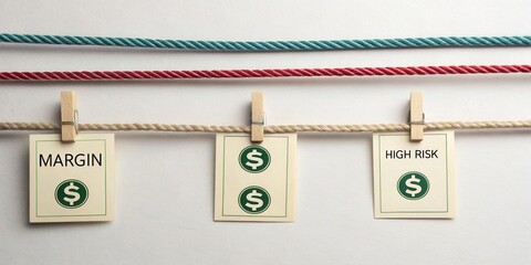 String with cards depicting dollar signs with peg clips