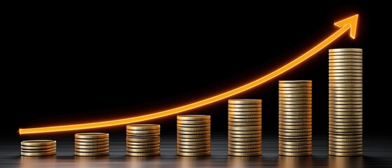 Growing stack of coins with an upward trend arrow.