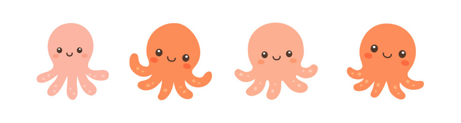 Cartoon octopus set. Marine animals with smiling faces for ocean themes
