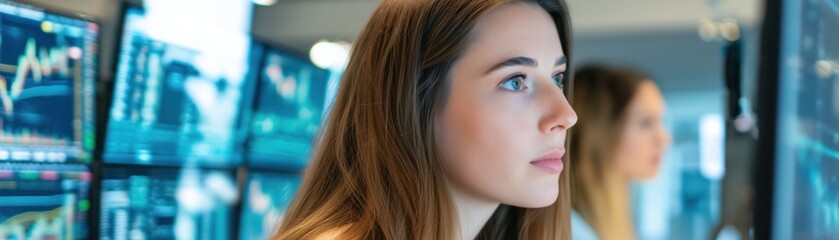 Focused professional analyzing data on multiple screens.